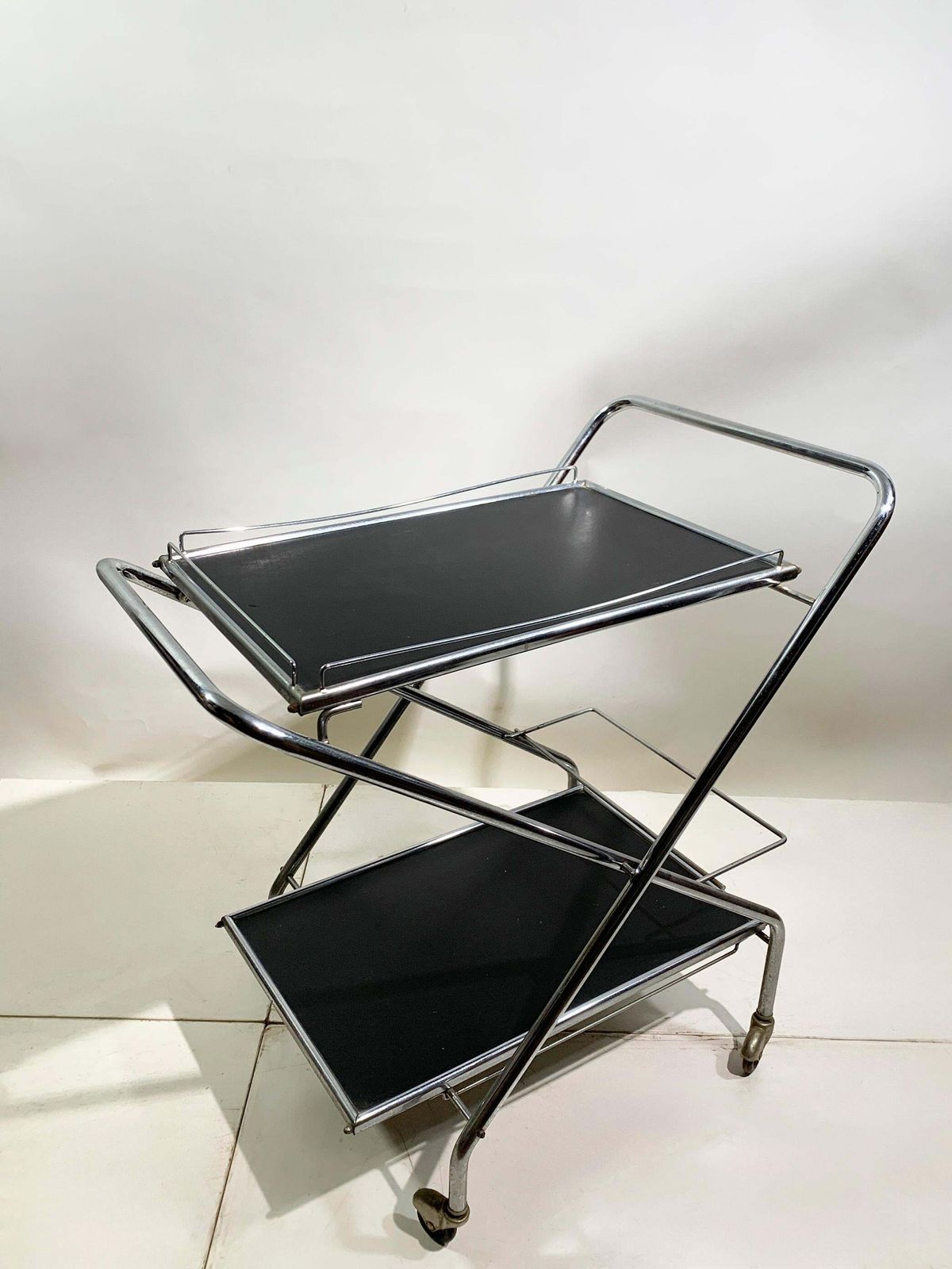 Mid 20th Century Folding Bar Cart In Chrome And Black By Richard, Circa 1960's photo furniture