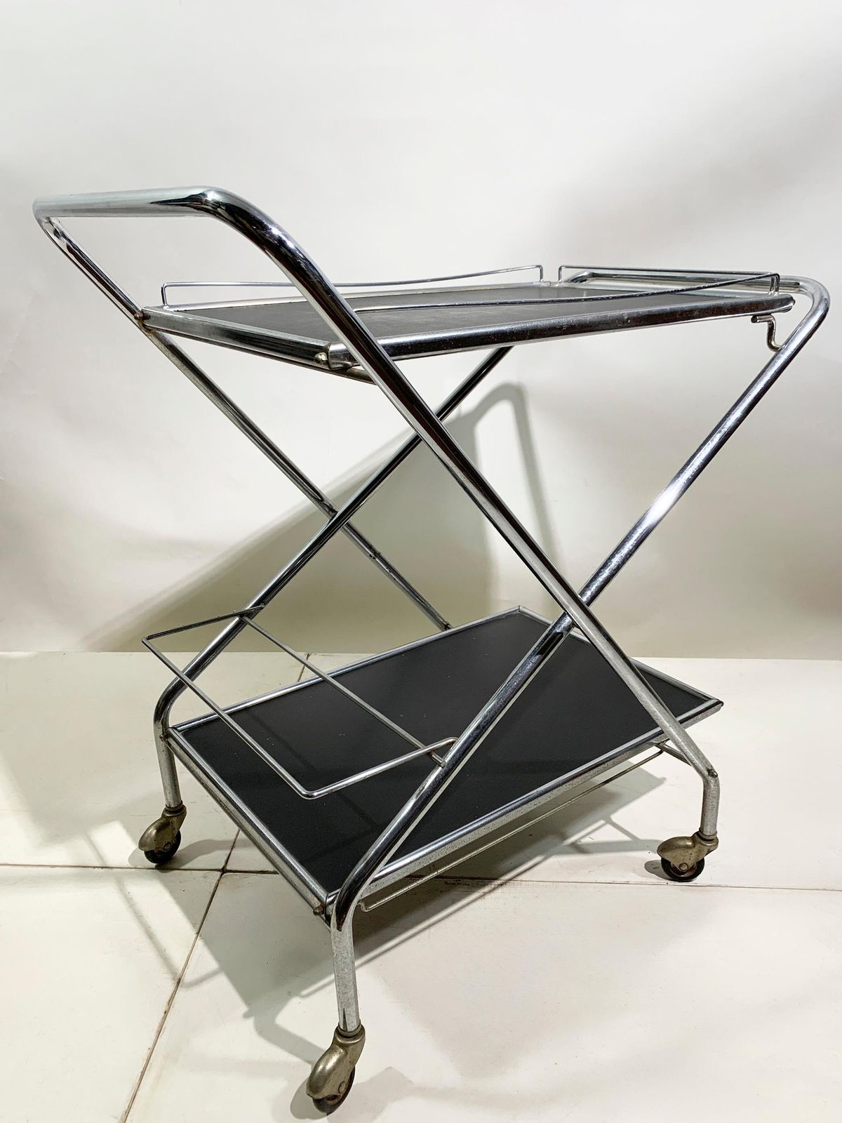 Furniture Mid 20th Century Folding Bar Cart In Chrome And Black By Richard, Circa 1960's photo