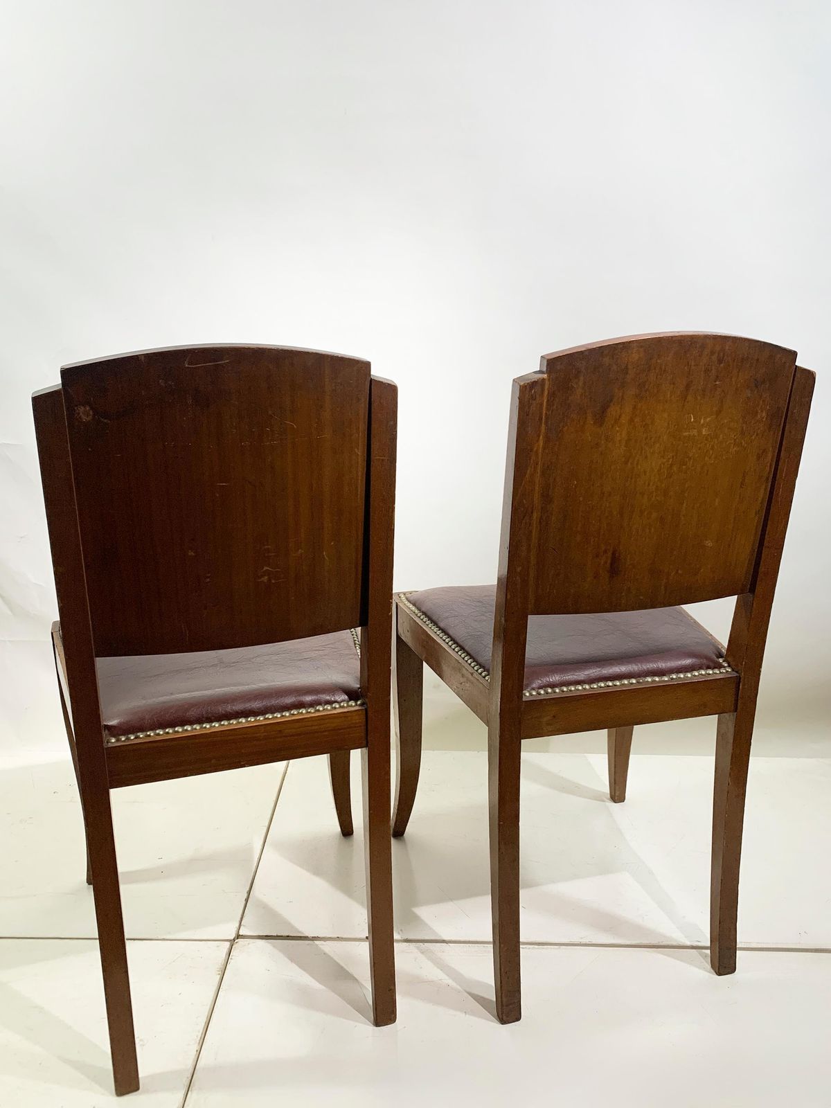 Furniture Set Of 6 Art Deco Dining Chairs In Walnut And Burgundy Leather, France, 1930's photo