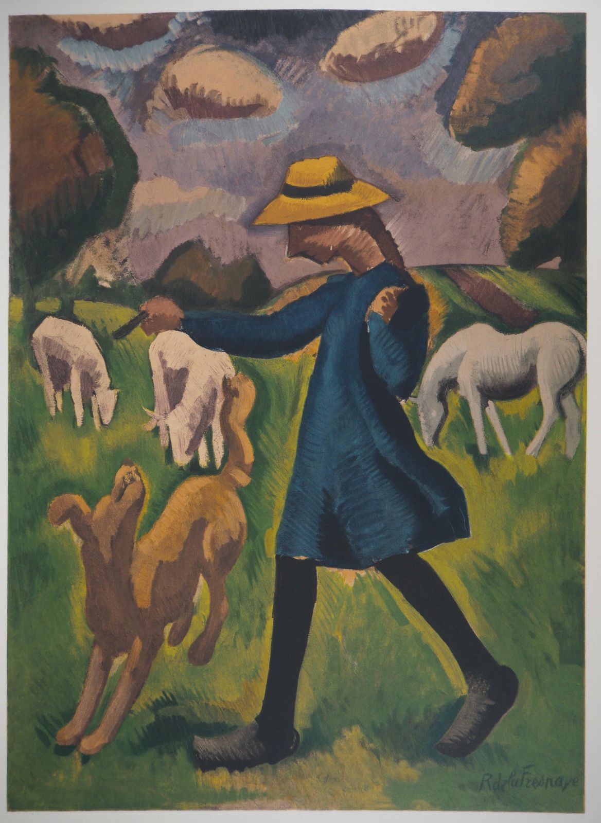 Roger De La Fresnayecountryside : Girl Playing With A Dog   Lithograph, Mourlot