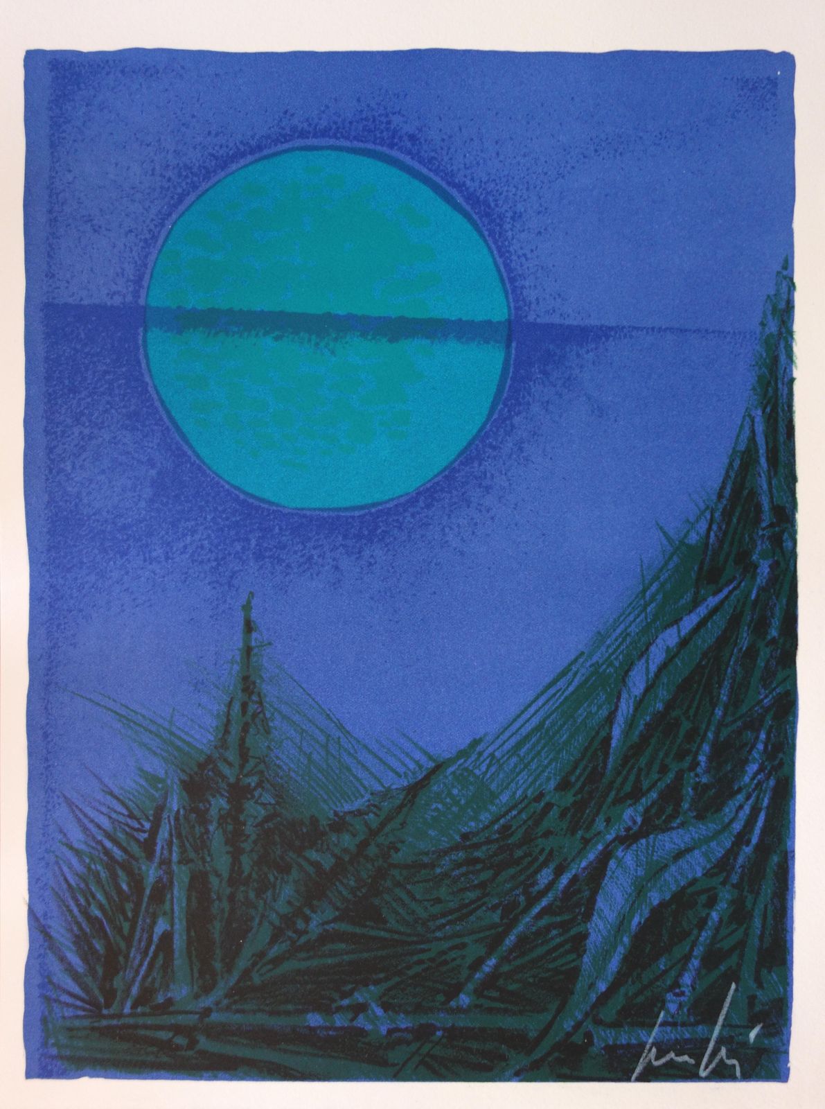 Cesare Peverellisurrealist Landscape With Blue Moon   Original Handsigned Lithograph1972