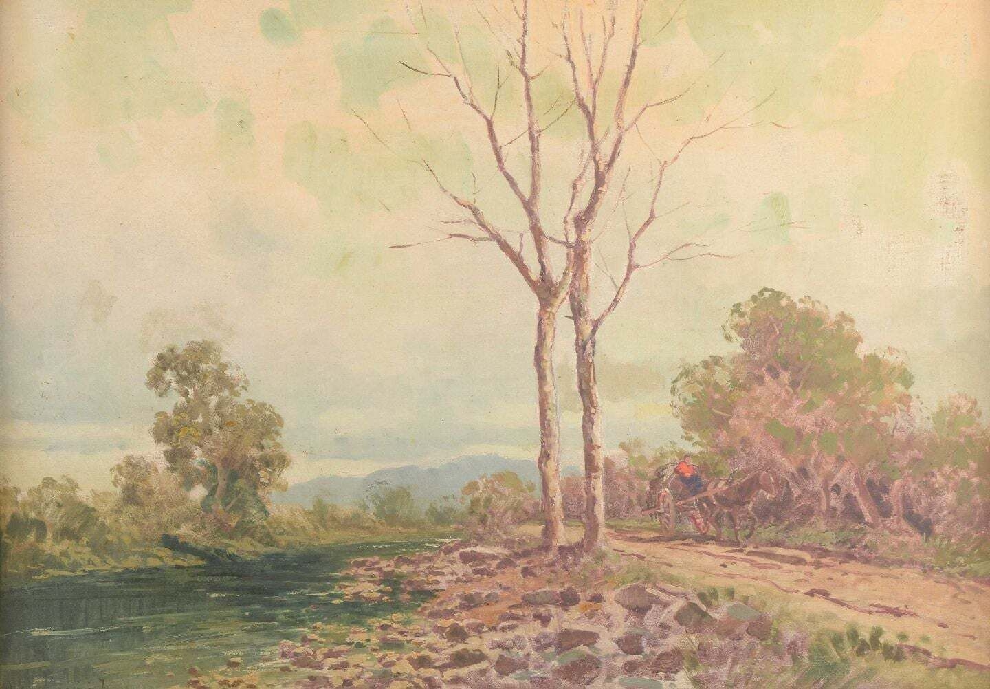 Ilio Giannaccini. Country Landscape With Road And Cart Driver. Oil On Canvas.