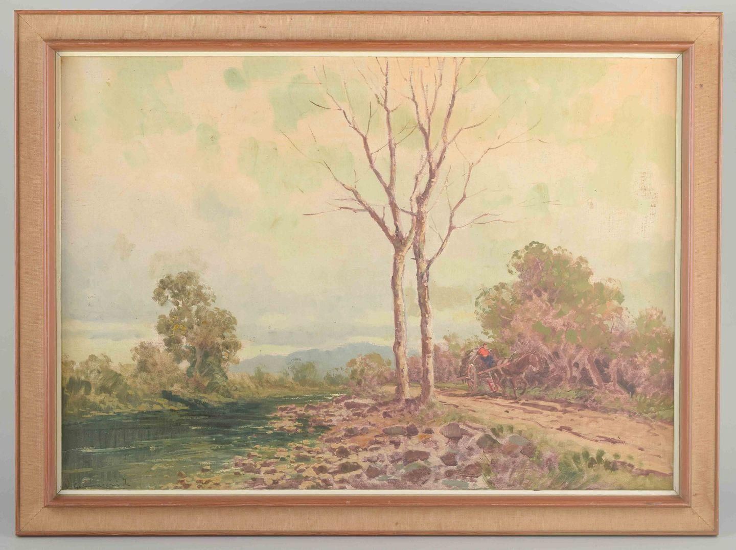 Ilio Giannaccini. Paysage de campagne avec route et conducteur de charrette. Huile sur toile. photo furniture