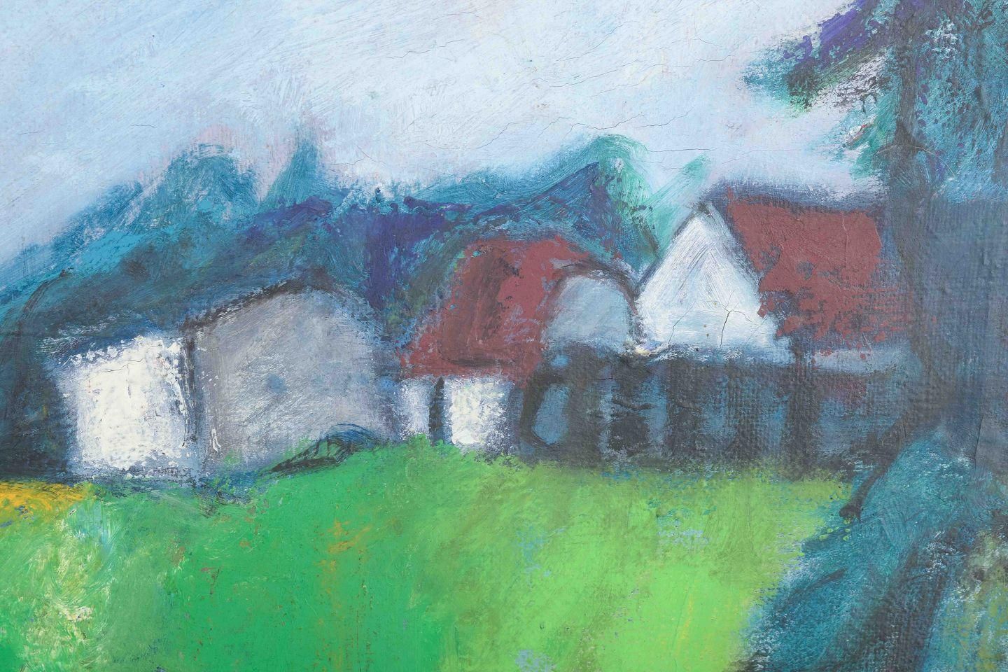 Johnny Madsen, artiste danois. Scène de village avec maison. Huile sur toile. photo furniture