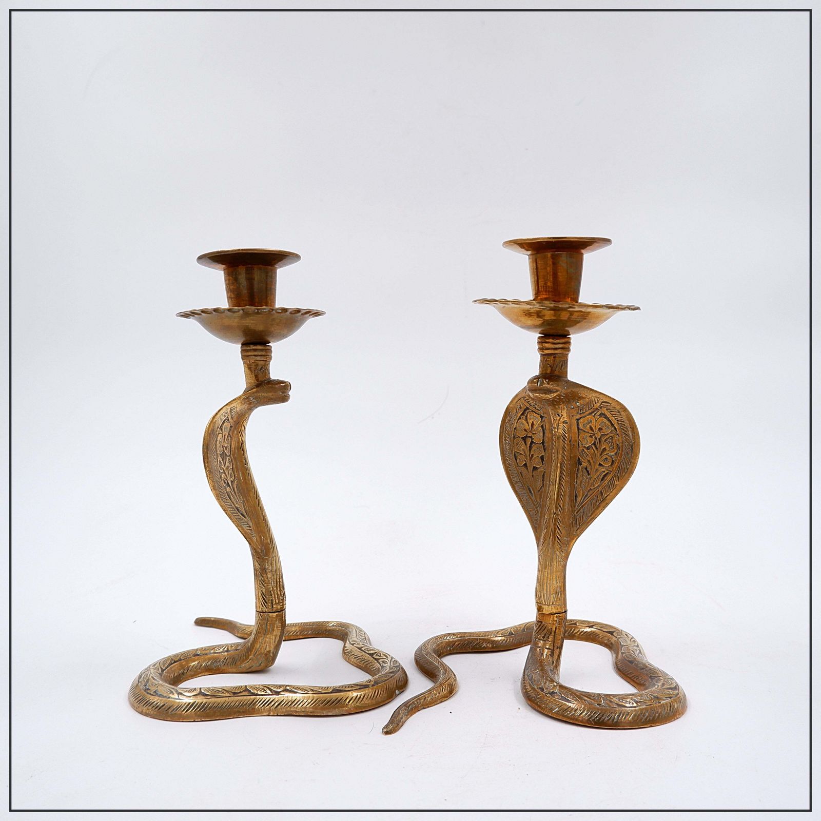 Pair Of Engraved Brass Cobra Candlesticks   Bohemian Style, 1960s photo vintage
