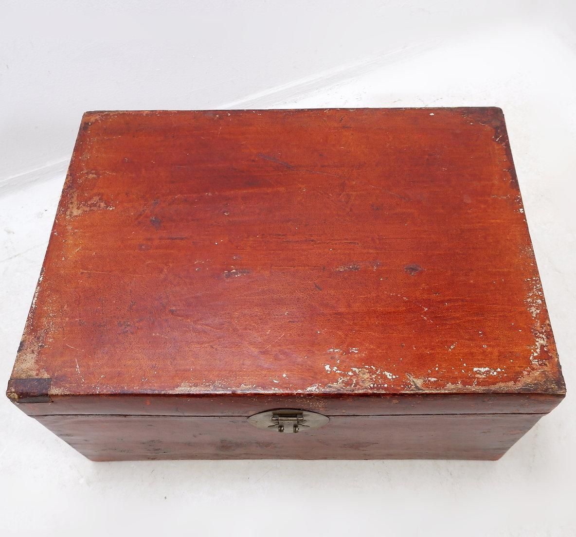 photo for sale Early 20th Century Chinese Red Lacquered Leather Trunk