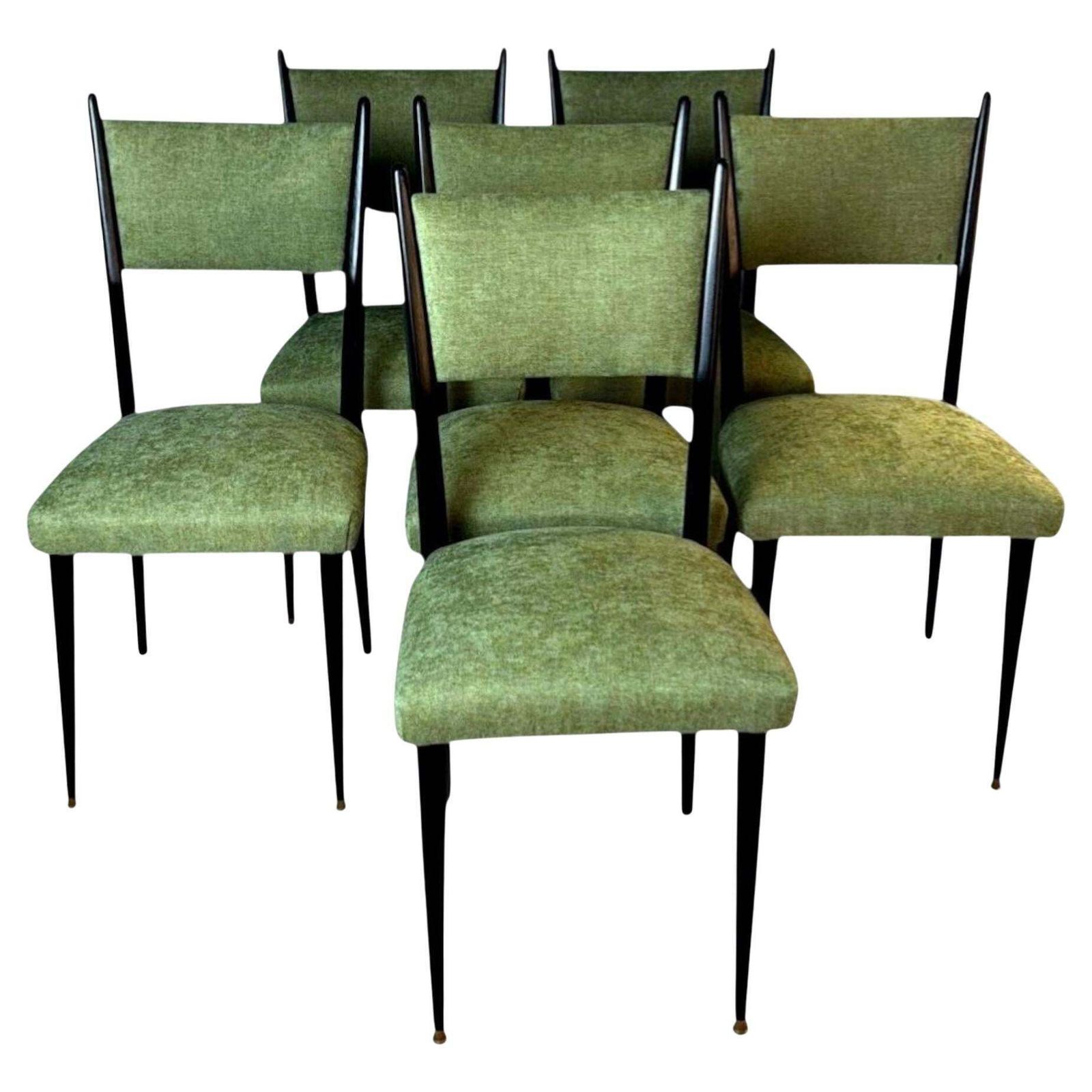Ico Parisi Style – Set Of 6 Ebonized Wood Chairs With Green Upholstery