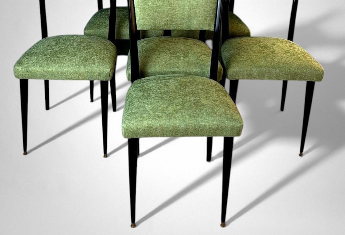 Ico Parisi Style – Set Of 6 Ebonized Wood Chairs With Green Upholstery photo for sale