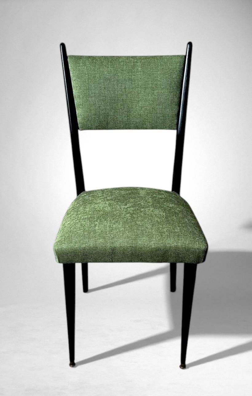photo vinterior Ico Parisi Style – Set Of 6 Ebonized Wood Chairs With Green Upholstery
