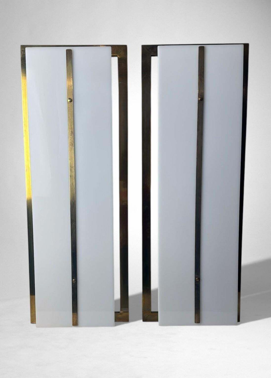 Romeo Rega Style Pair Of Large Italian Brass And Opaline Plexiglass Wall Sconces photo for sale