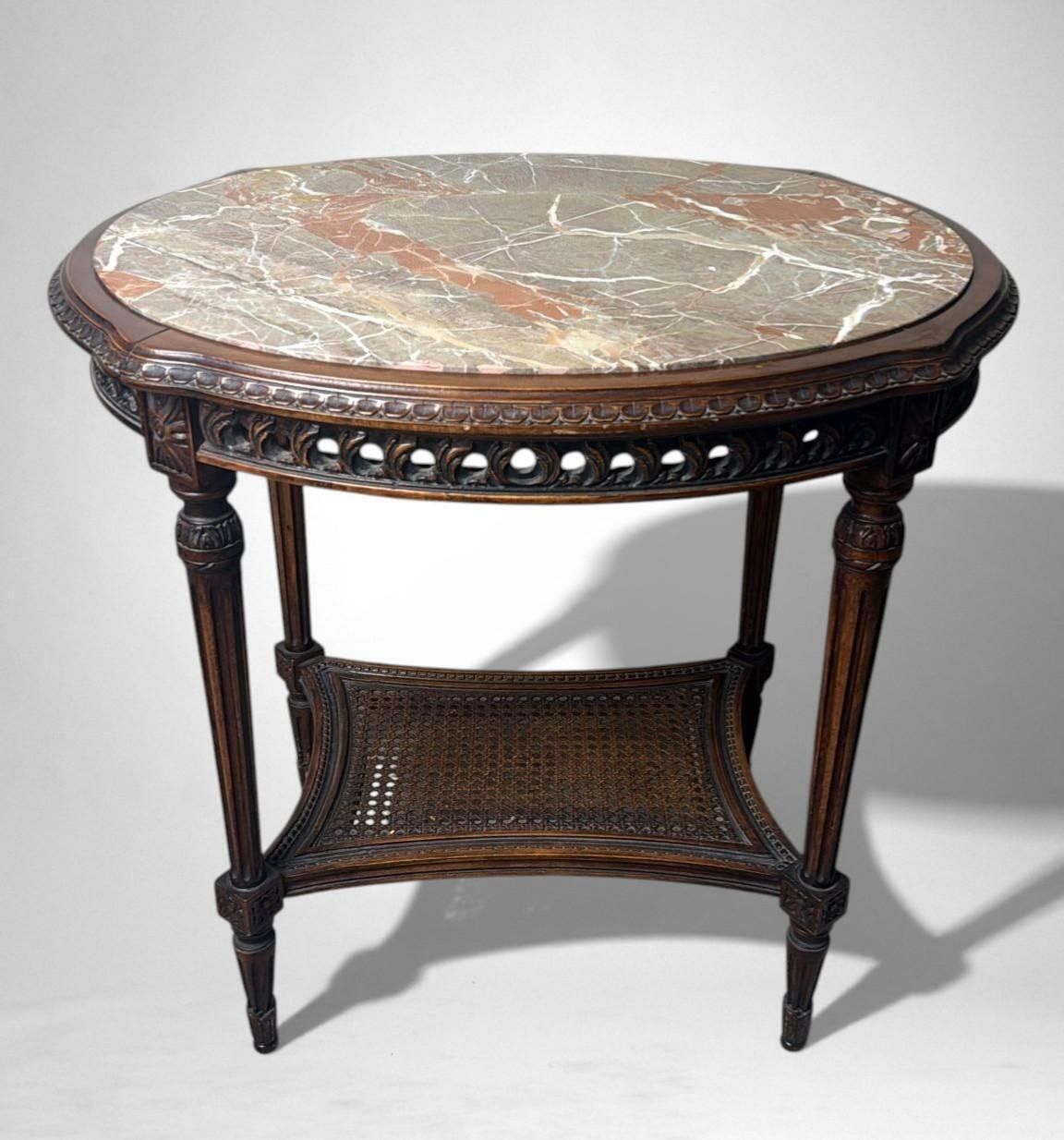Neoclassical Italian Walnut Side Table With Marble Top And Vienna Straw Shelf photo for sale