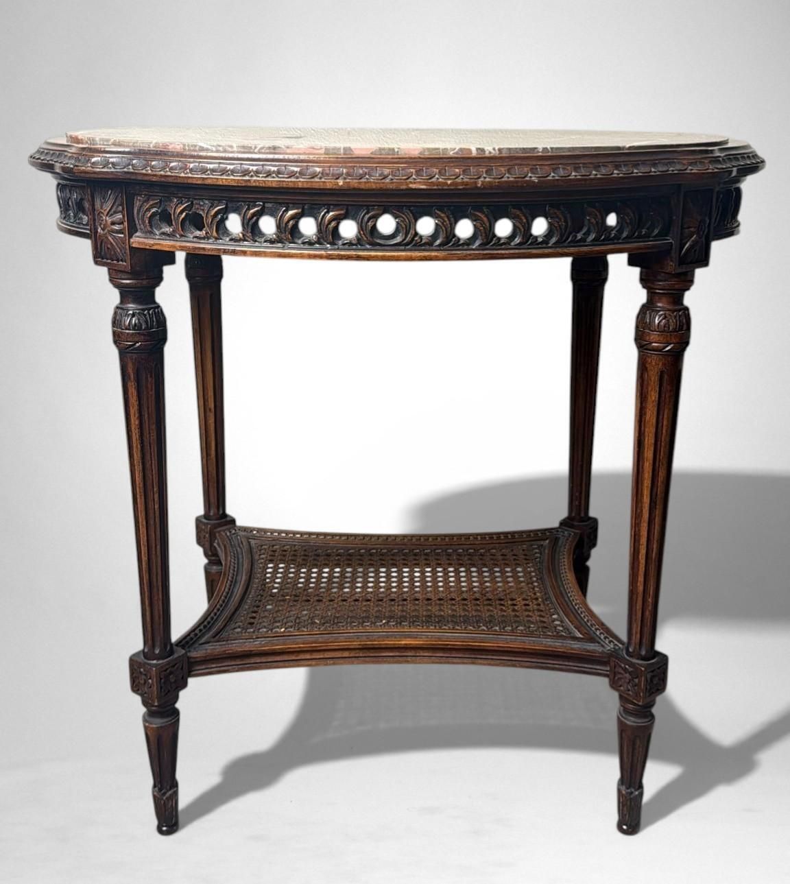 Neoclassical Italian Walnut Side Table With Marble Top And Vienna Straw Shelf photo buy