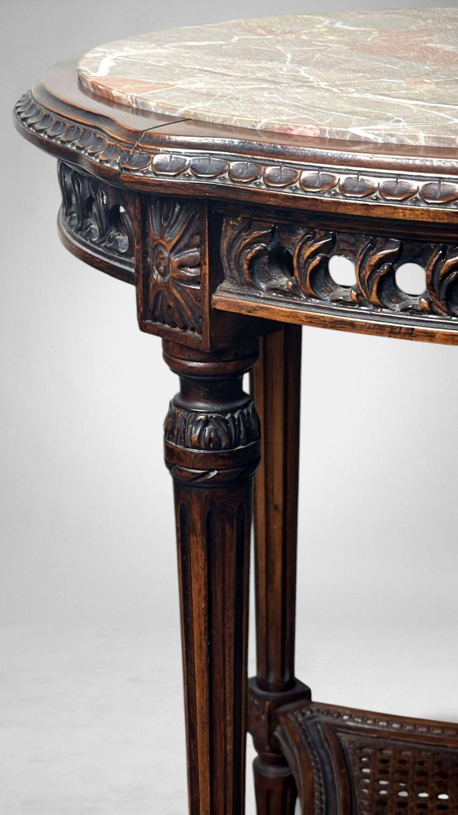 photo for sale Neoclassical Italian Walnut Side Table With Marble Top And Vienna Straw Shelf