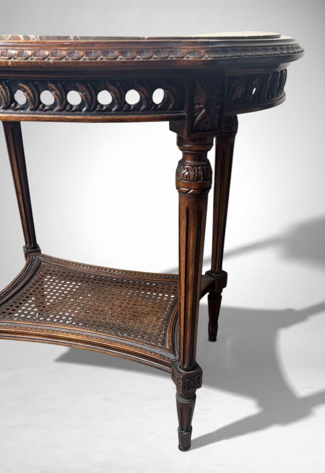 2121.0 Neoclassical Italian Walnut Side Table With Marble Top And Vienna Straw Shelf photo