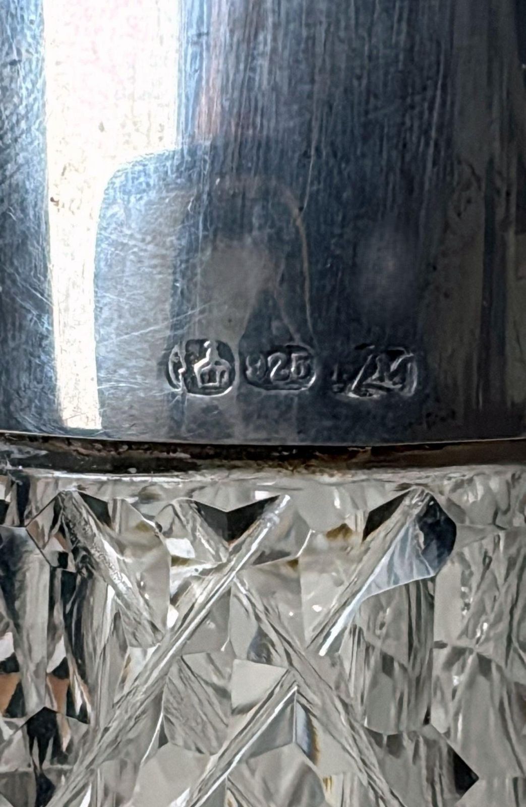 photo vinterior Biedermeier Large Bohemian Crystal Perfume Bottle With German Sterling Silver