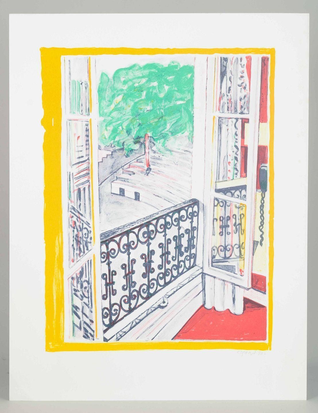 Søren Elgaard. Color Lithograph On Paper. Interior View With Balcony Door. photo furniture