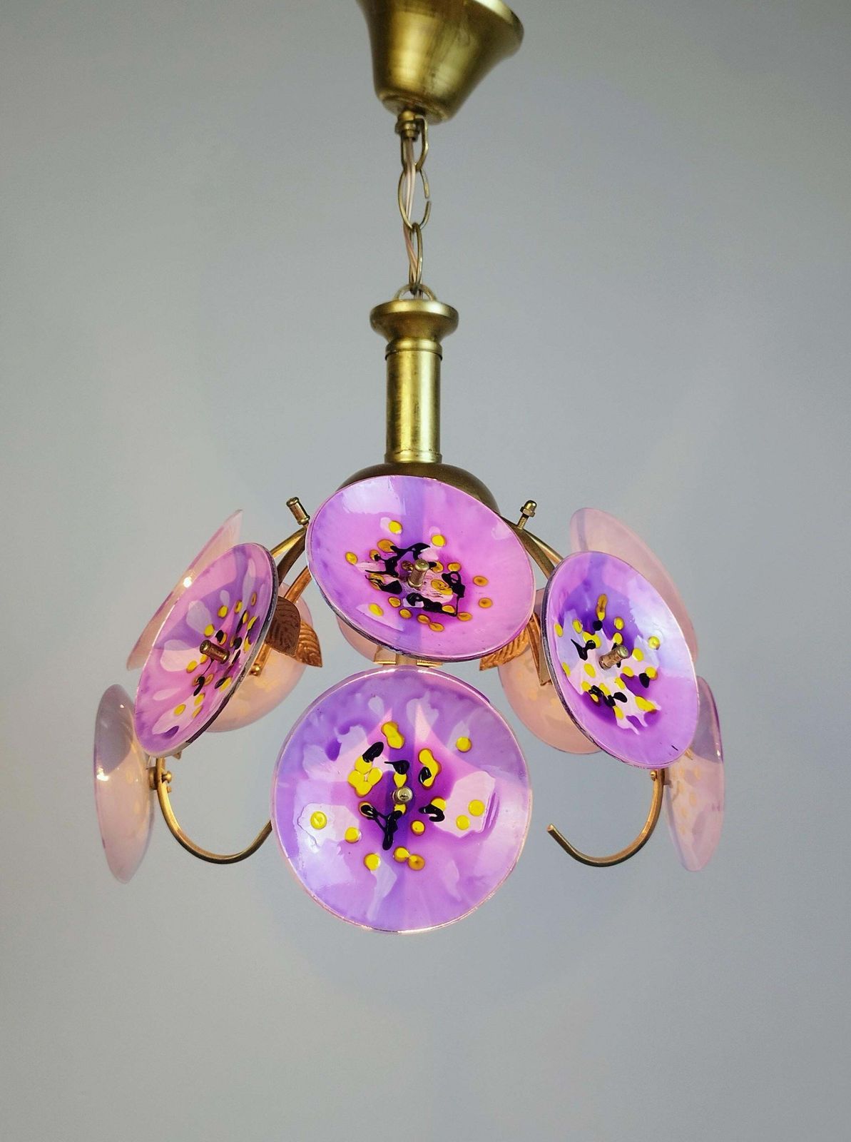 Vintage Floral Glass Chandelier Hand Painted Purple Ceiling Light One Of A Kind Statement Lighting photo for sale