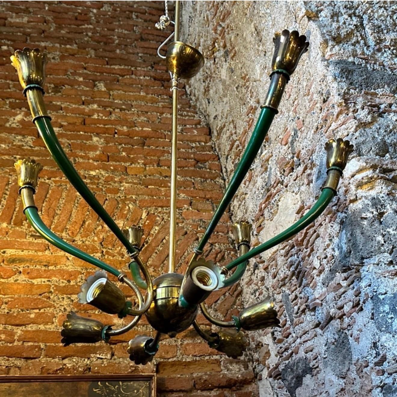 1960s Mid Century Modern Green Painted Metal And Brass Italian Chandelier photo Lighting