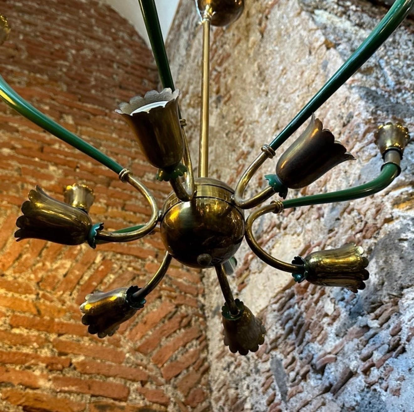 1960s Mid Century Modern Green Painted Metal And Brass Italian Chandelier photo vinterior