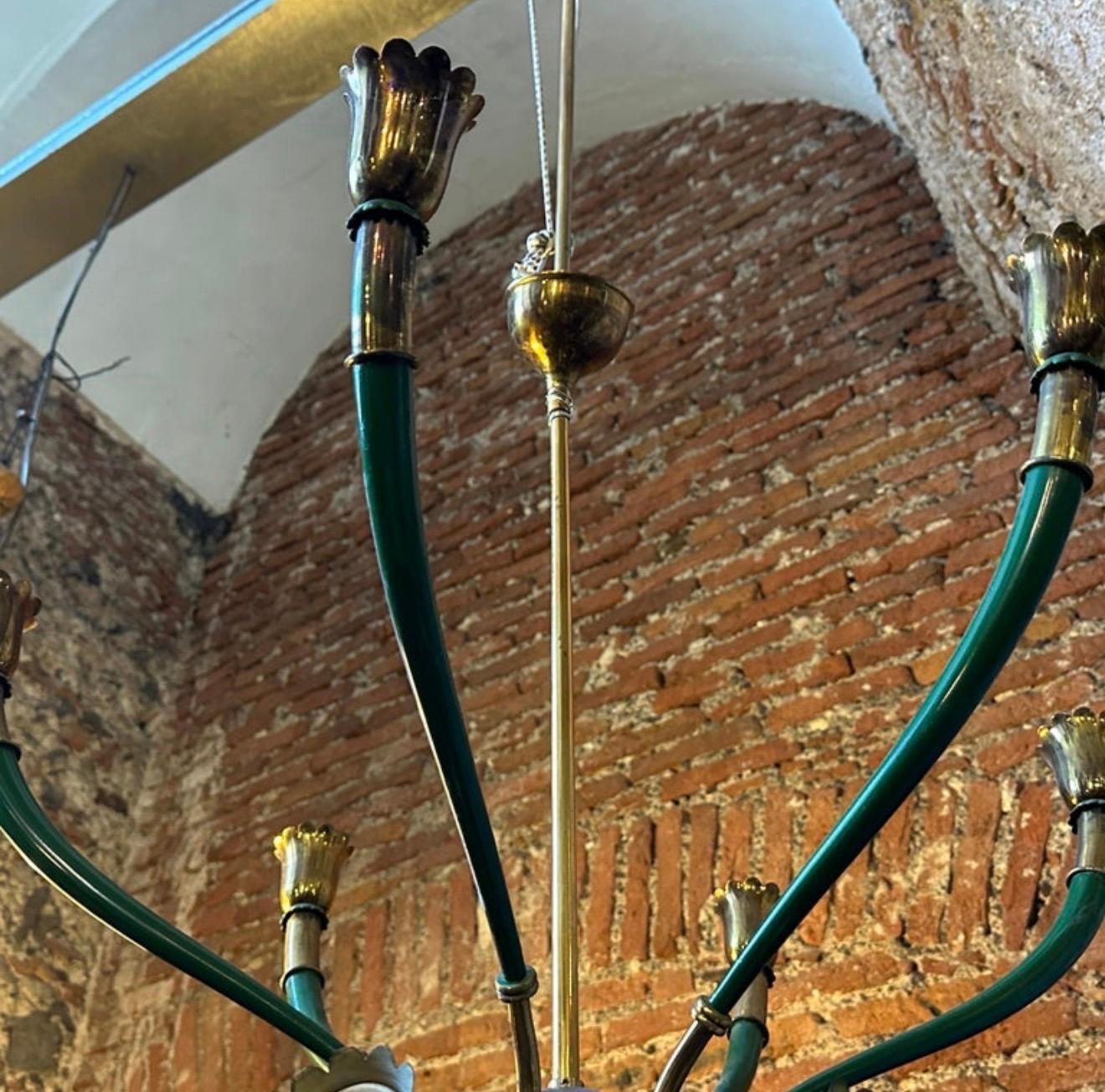1960s Mid Century Modern Green Painted Metal And Brass Italian Chandelier photo vintage