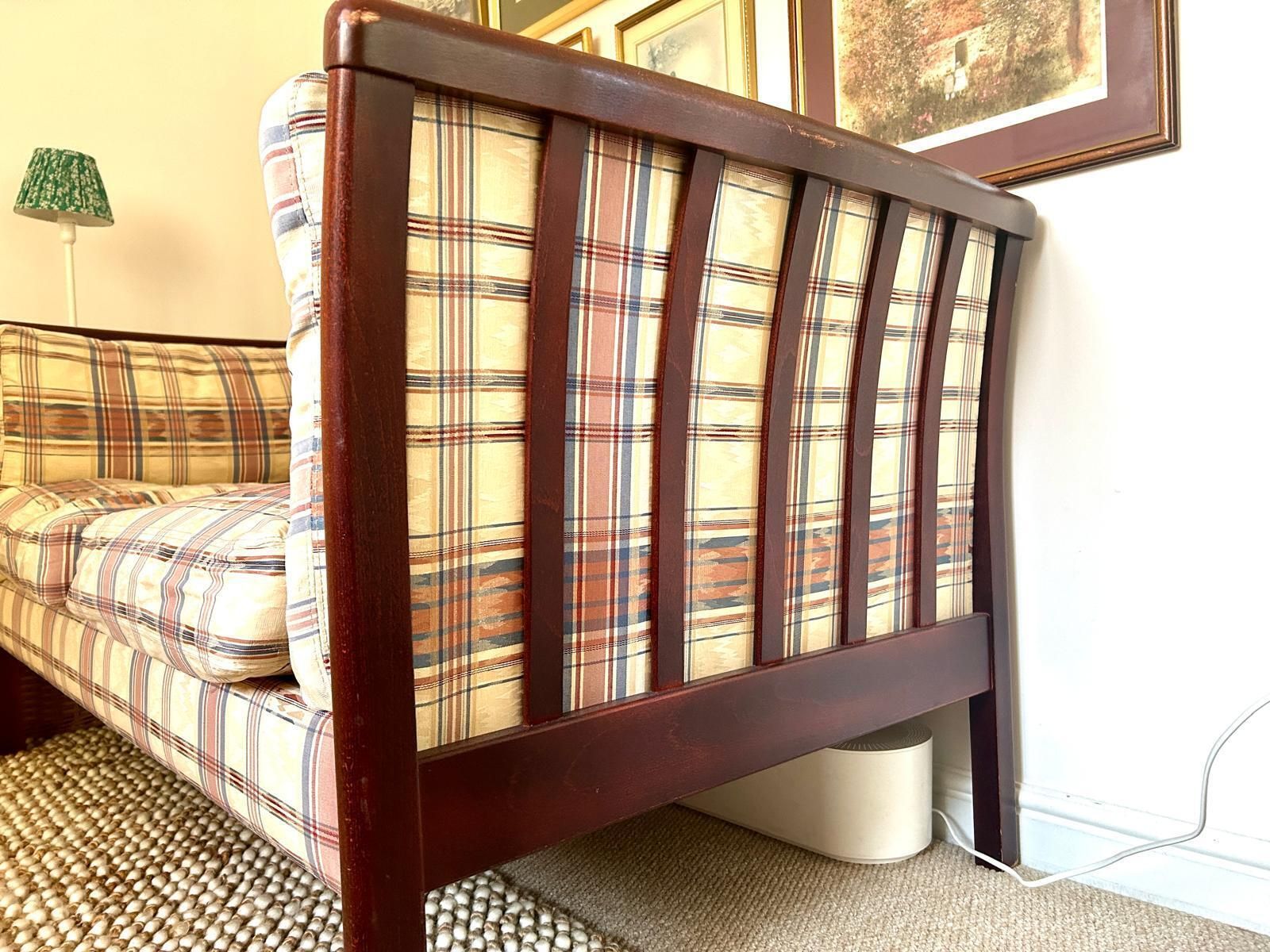 Vintage Danish 2 Seater From Stouby With Gorgeous Wooden Frame And Pastel Plaid Design photo for sale