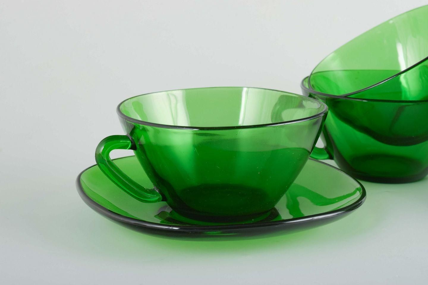 Vereco. Set Of Five Green Glass Tea Cups With Matching Saucers. 1970/80s photo furniture