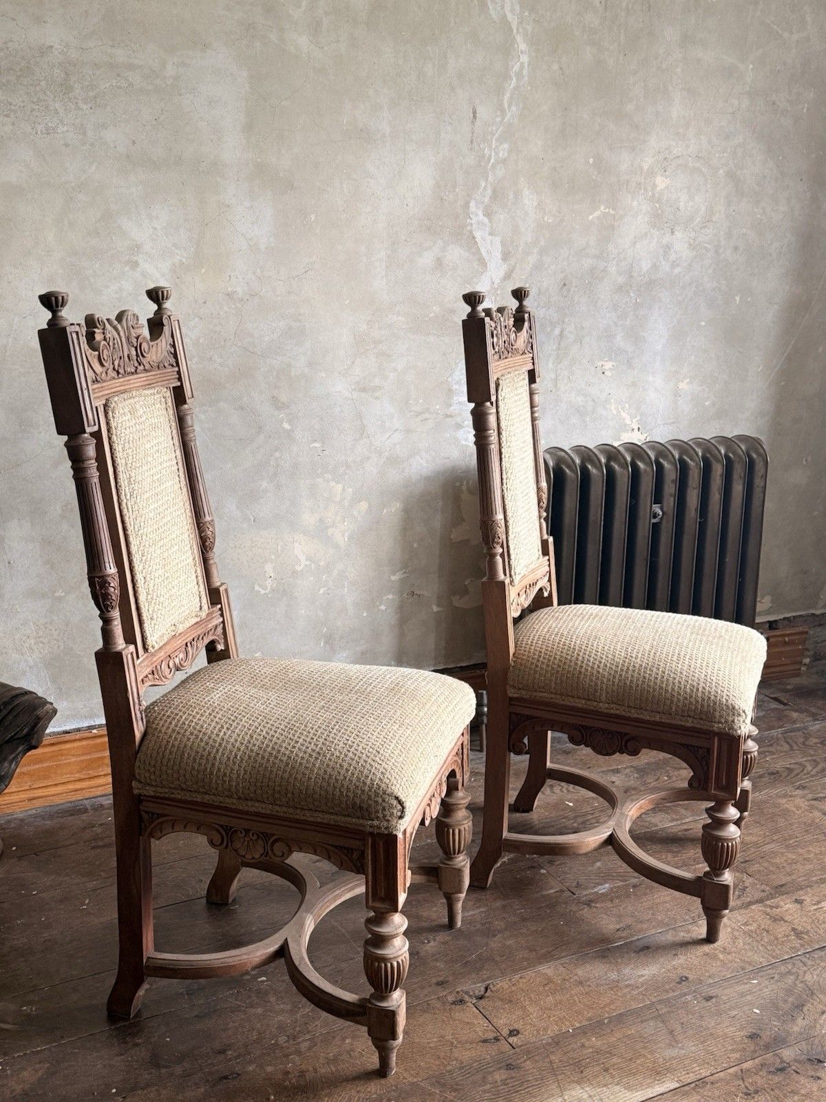 Pair Of Substancial French Vintage Rustic Carved Honeycombed Ornate Hall Chairs photo for sale