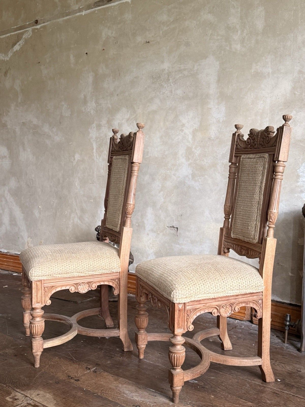 Pair Of Substancial French Vintage Rustic Carved Honeycombed Ornate Hall Chairs photo Furniture