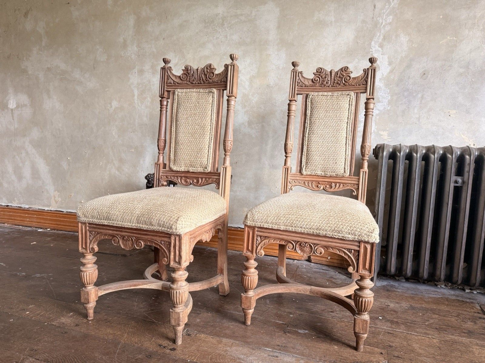 Pair Of Substancial French Vintage Rustic Carved Honeycombed Ornate Hall Chairs photo buy