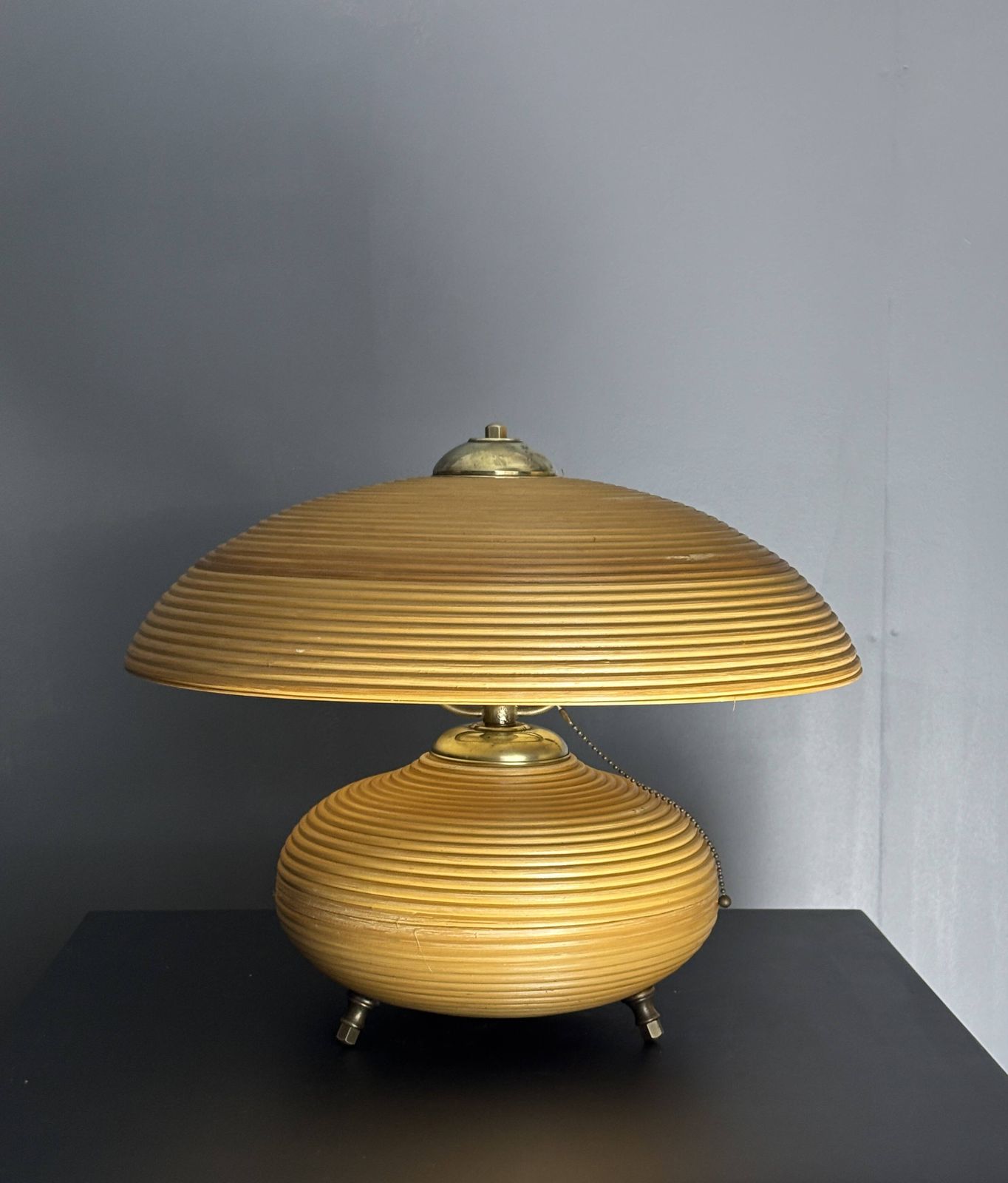Pencil Reed Rattan Bamboo And Brass Mushroom Table Lamp, Italy, 1970s photo 642.0