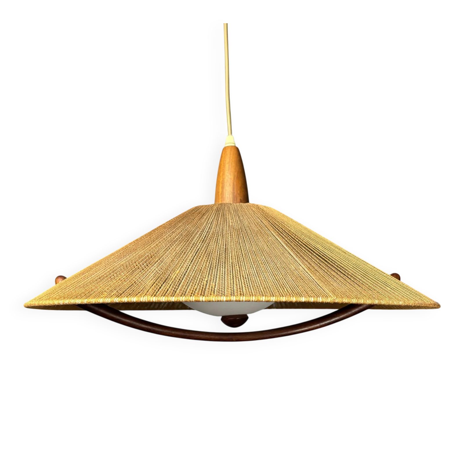Grand luminaire suspendu mid-century en teck et corde de sisal, Temde Leuchten