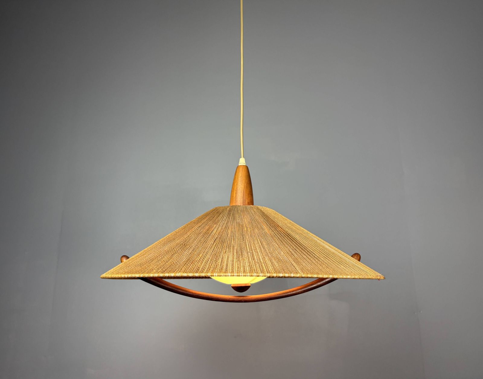 965.0 Large Mid Century Teak And Sisal Cord Pendant From Temde Leuchten, photo