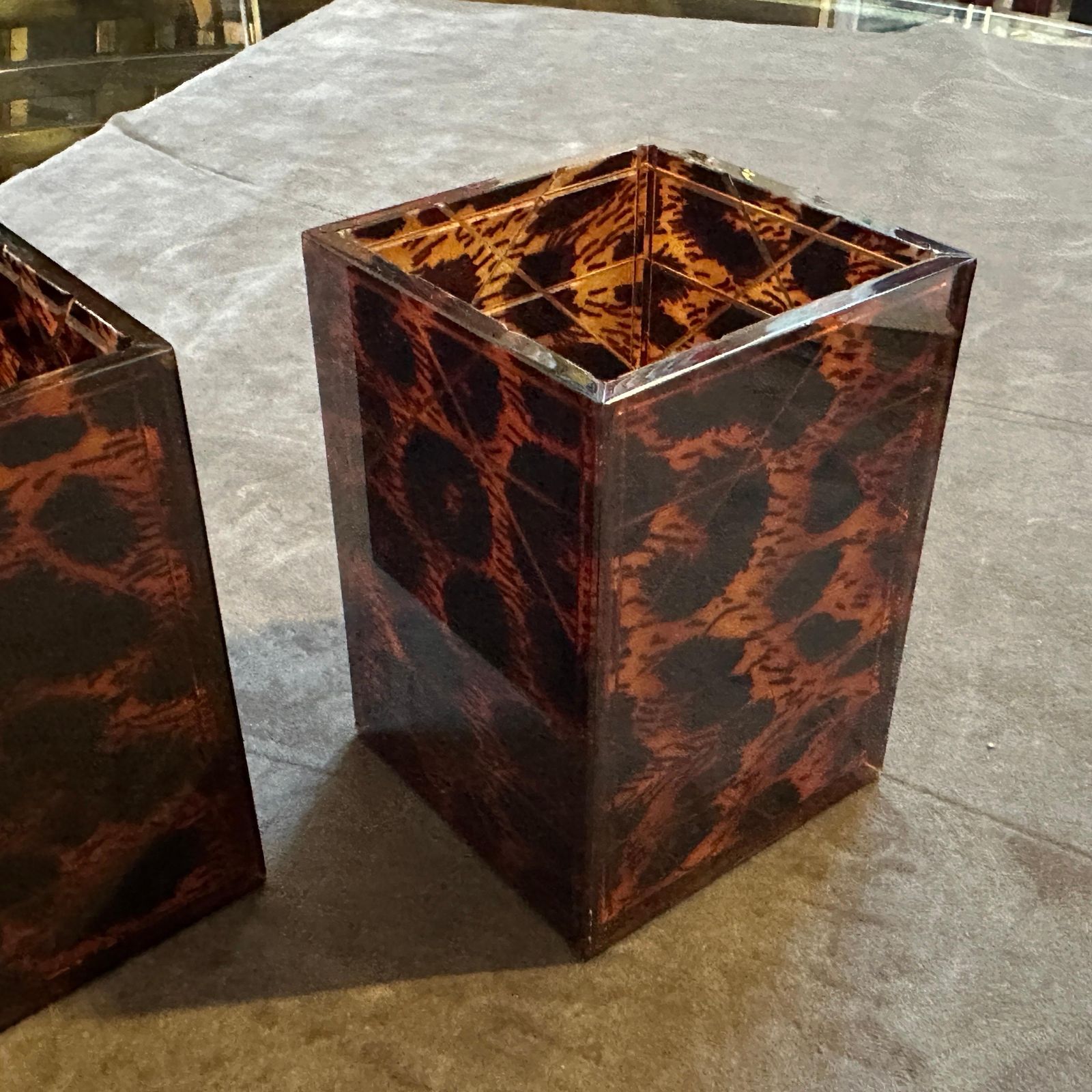 Two 1980s Mid Century Modern Faux Leopard Lucite Containers Signed Dior Home photo for sale
