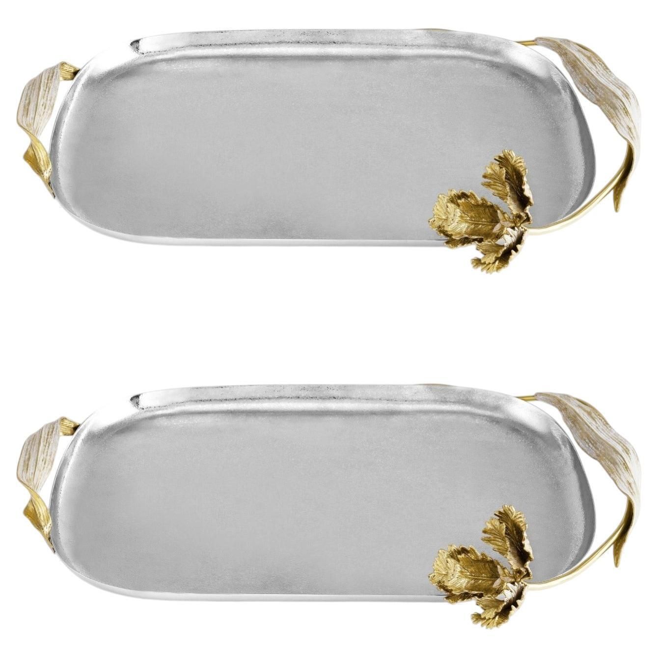 Pair Of Contemporary Silver And Gold Metal Tulip Serving Tray