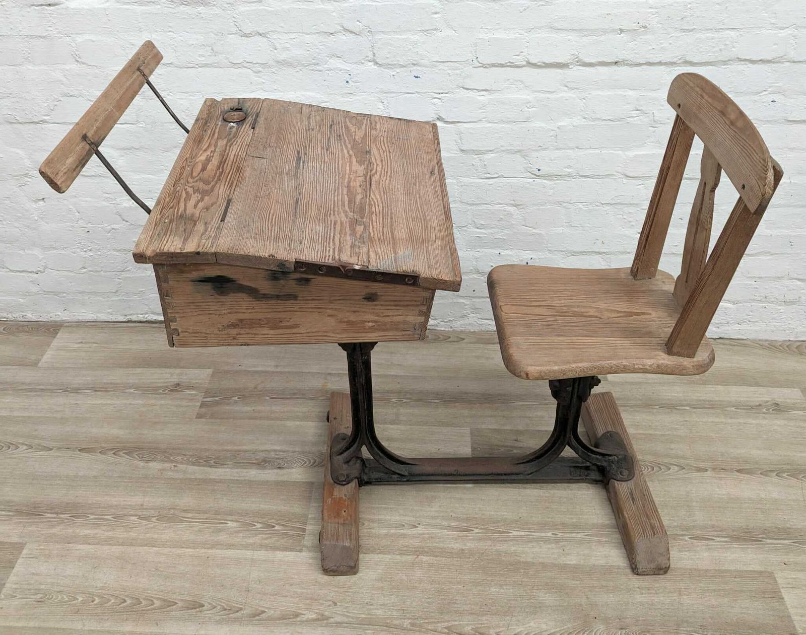 Early 20th Century Pitch Pine And Castle Iron Adjustable School Desk photo for sale