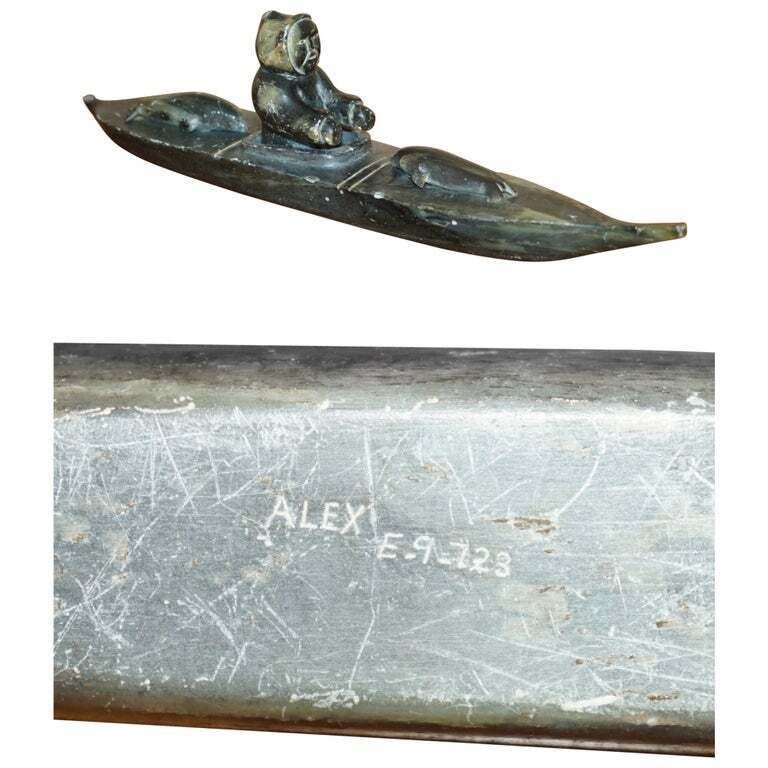 Fine Alex Patsauq 1917 Signed Serial Number Inuit Eskimo Soapstone Kayak Carving