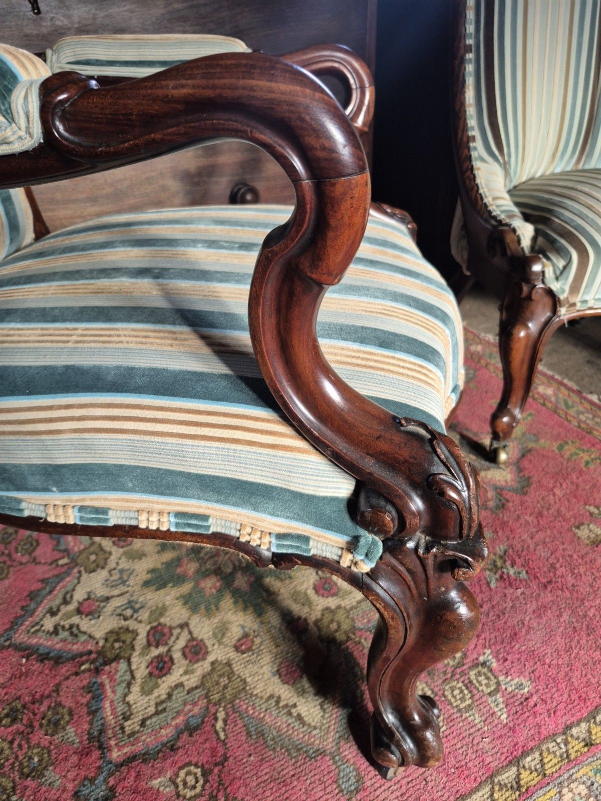 A Maximalist Curvaceous William IV/Victorian Library Armchair In Stripey Velvet photo for sale