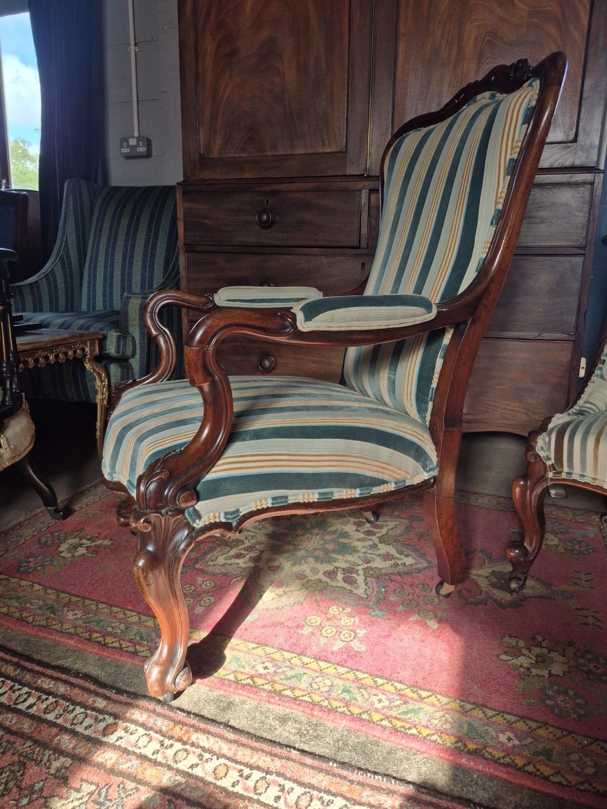 photo furniture A Maximalist Curvaceous William IV/Victorian Library Armchair In Stripey Velvet
