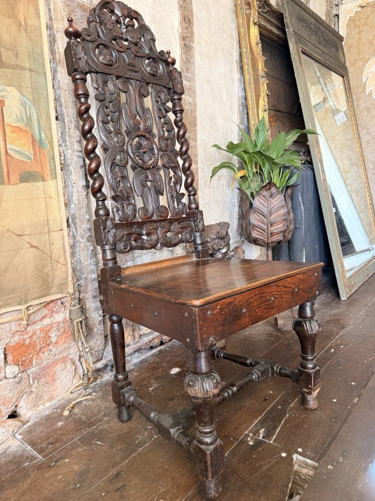Elborate Antique Carved  Oak Barley Twist Carolean Gothic Hall Chair 19thc photo vinterior