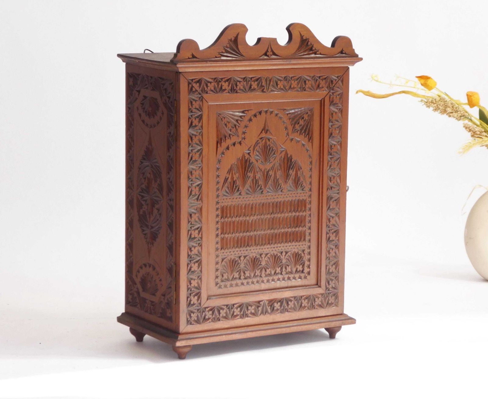 Art Nouveau Dutch Wooden Cabinet, Small Antique Chip Carved Chest, Folk Art Apothecary With Lock