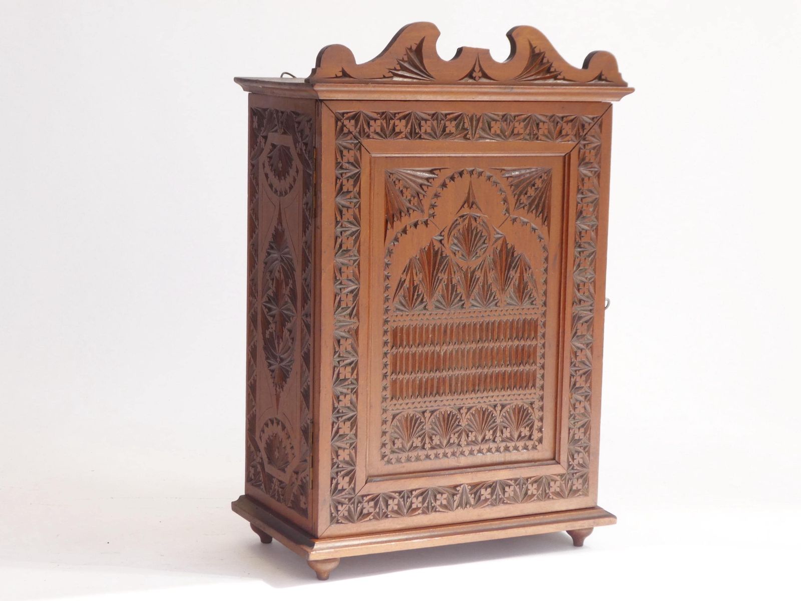Art Nouveau Dutch Wooden Cabinet, Small Antique Chip Carved Chest, Folk Art Apothecary With Lock photo furniture