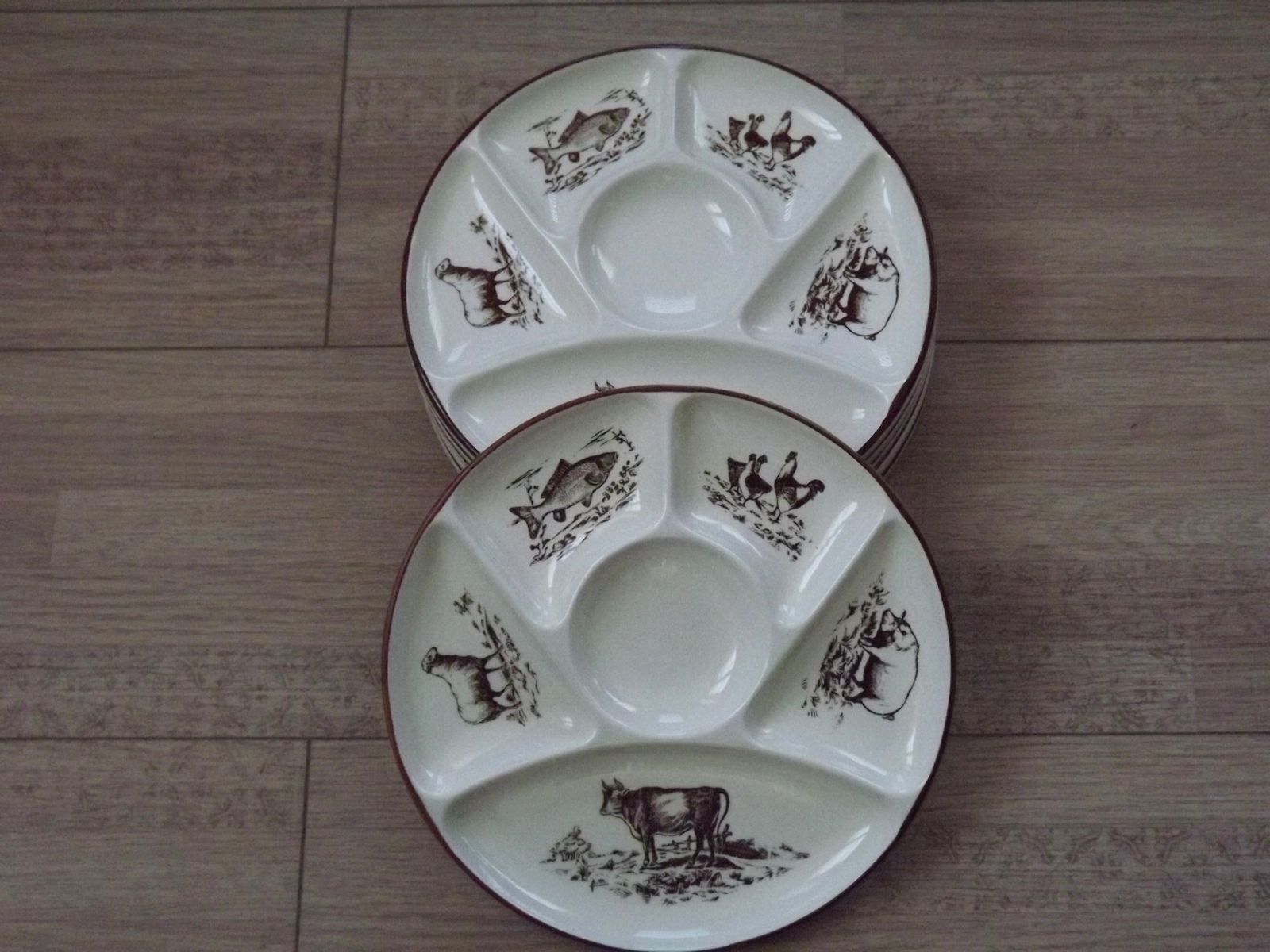 Set Of 6 Vintage 1970s French Porcelain Gien Hand Painted Fondue Plates 5821 photo furniture