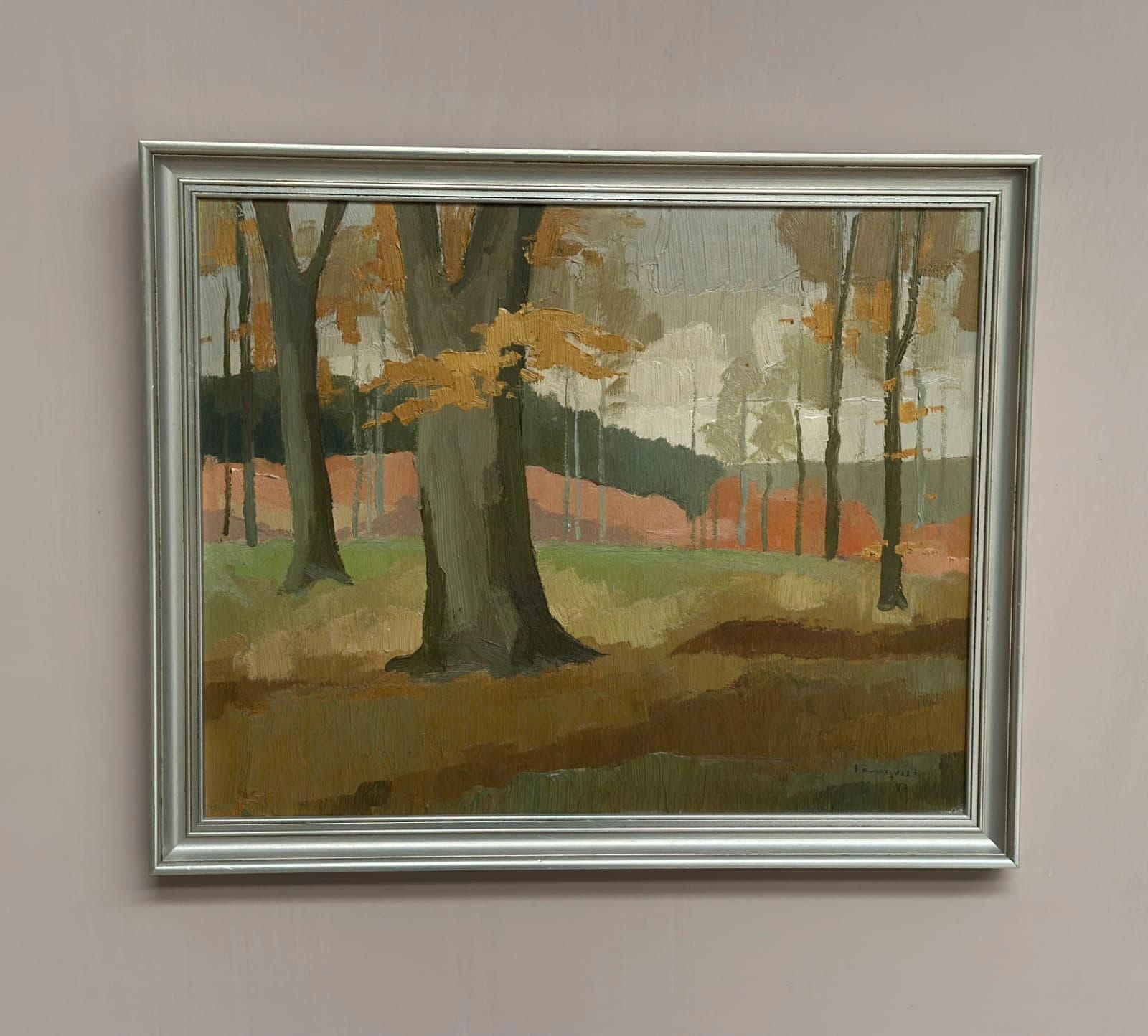 Original Mid Century Swedish Oil On Masonite – “Forest Motif” By Lönnqvist – Dated 1947 – Vintage & Framed – 46 × 56 Cm (18.1" × 22") photo for sale