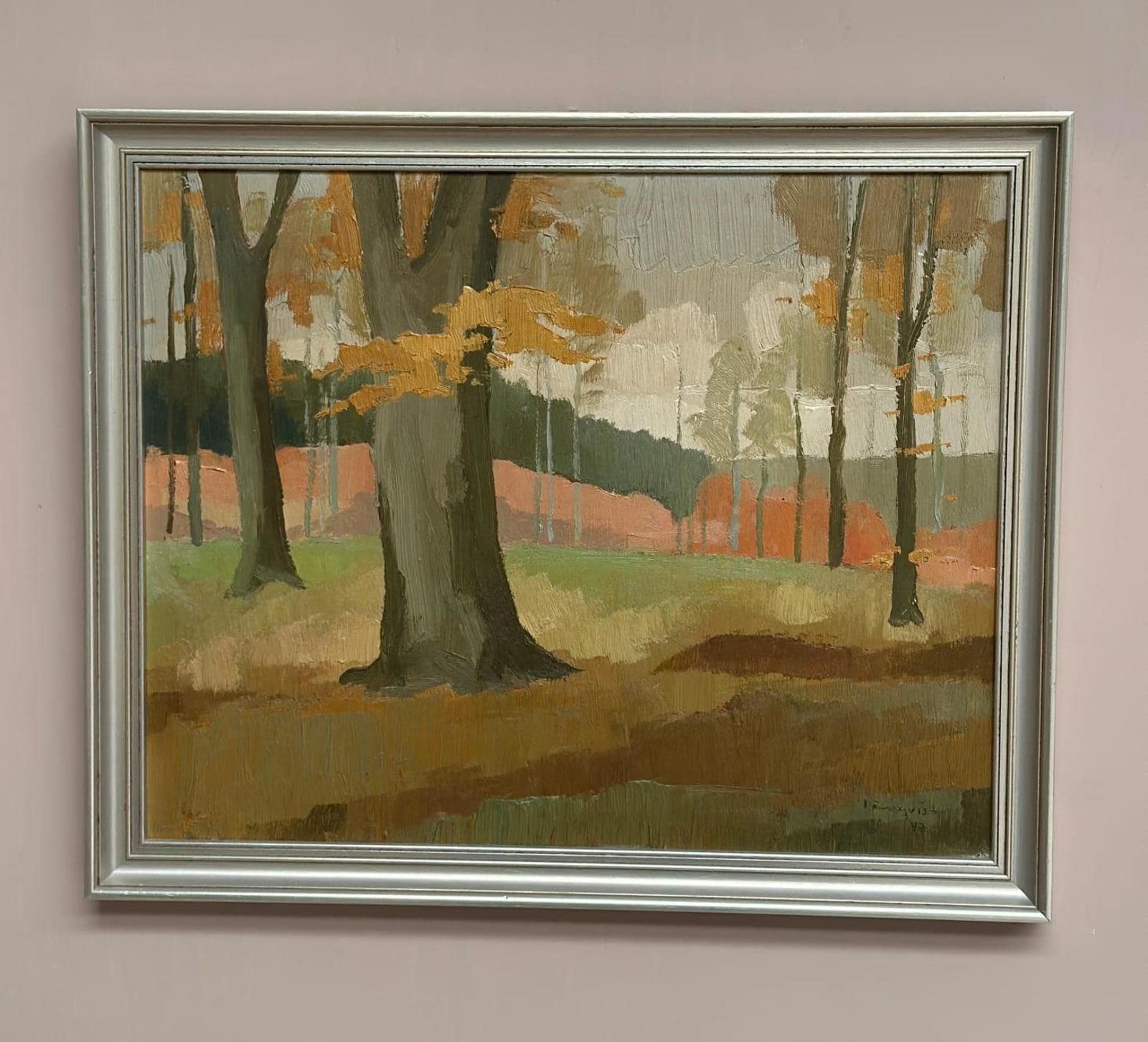 Original Mid Century Swedish Oil On Masonite – “Forest Motif” By Lönnqvist – Dated 1947 – Vintage & Framed – 46 × 56 Cm (18.1" × 22") photo Art