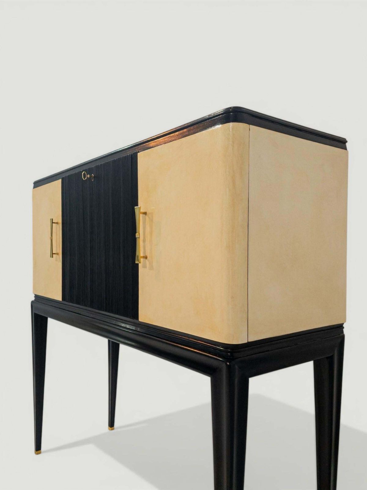 Italian Midcentury Black Lacquered Parchment Cabinet Bar Or Sideboard, 1950s photo Furniture
