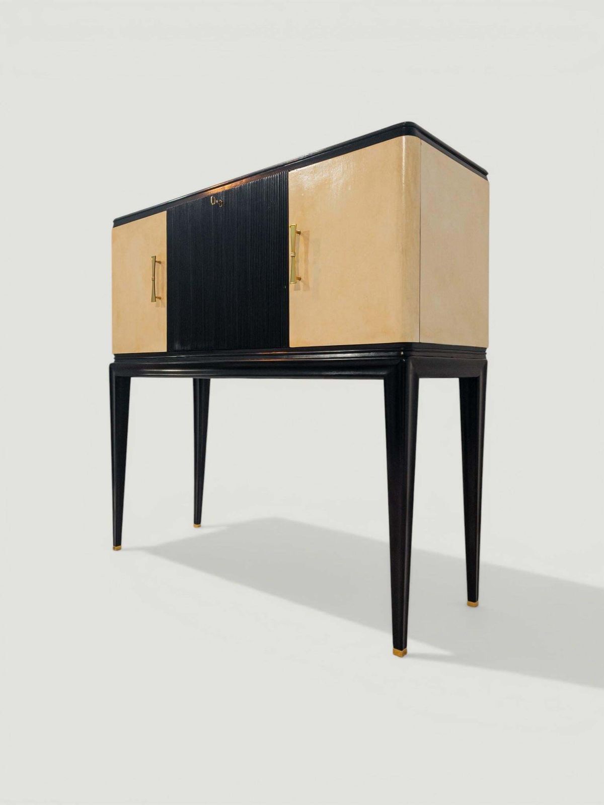 Italian Midcentury Black Lacquered Parchment Cabinet Bar Or Sideboard, 1950s photo vinterior
