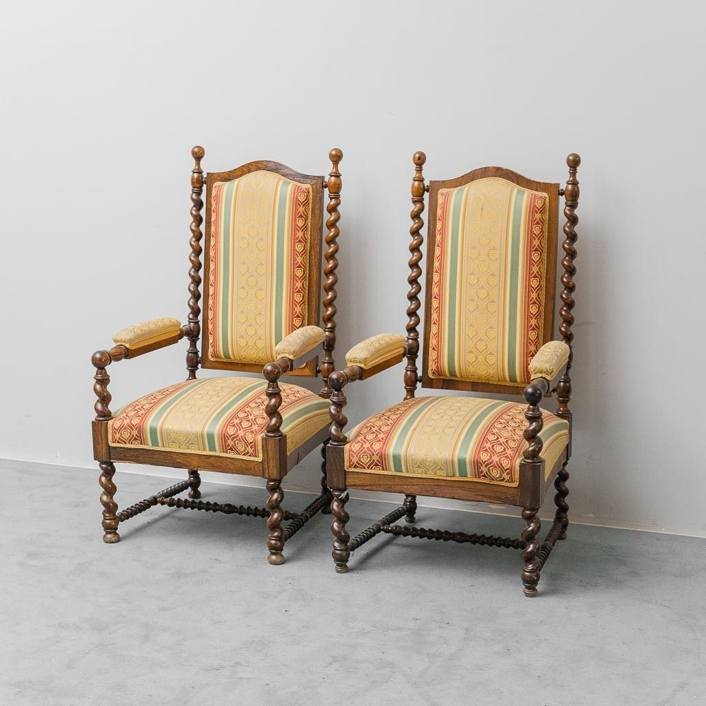 Pair Of Antique Wood And Fabric Armchairs With Armrests – Classic Style