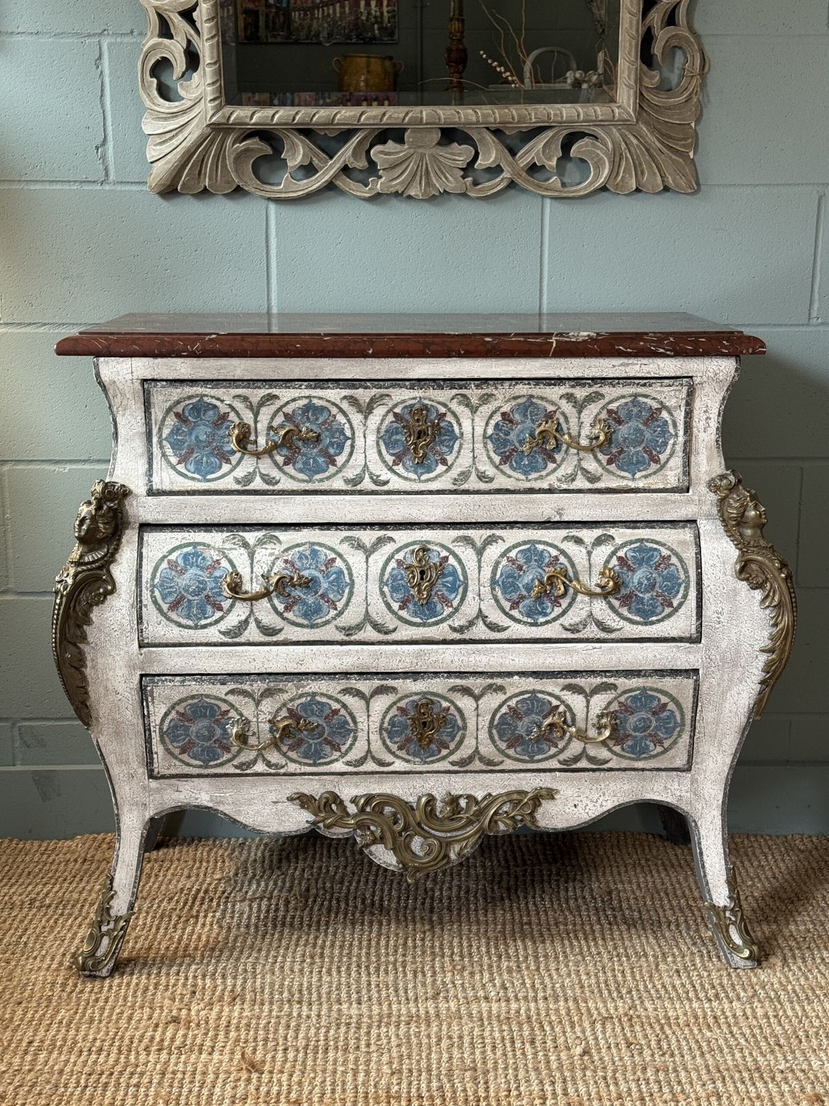 19th Century French Marble Top Painted Bombe Shape Commode photo for sale
