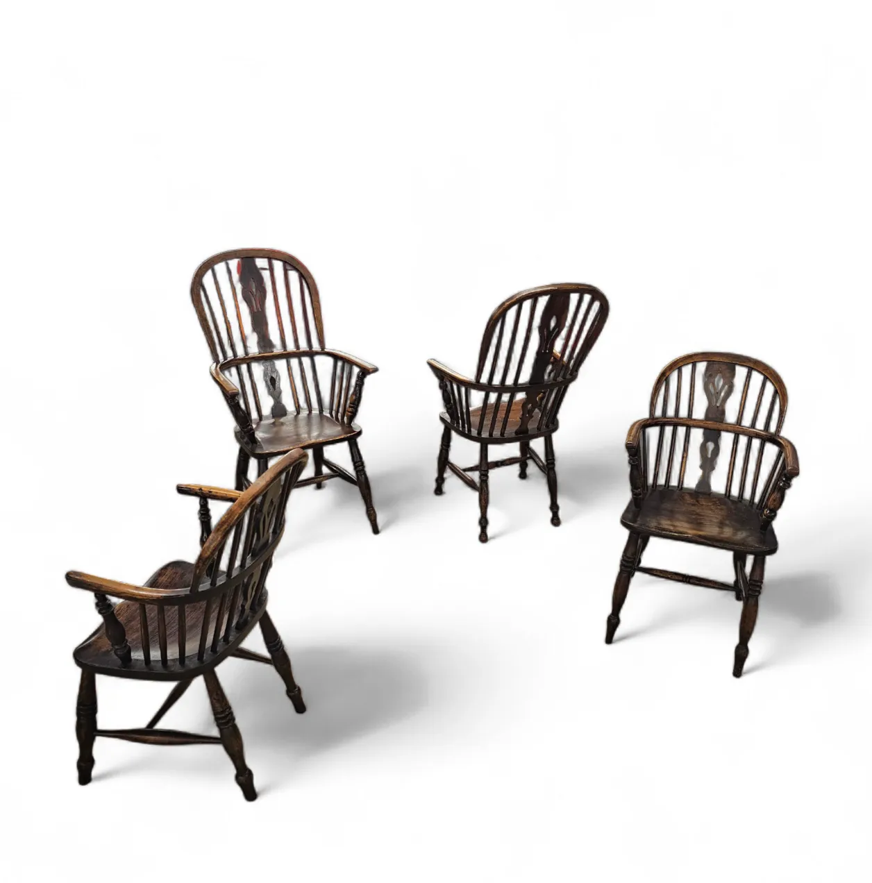 4 X Antique Windsor 2 Low / 2 High Spindle Back Arm Chair In Elm Wood / 19th Century. photo vintage