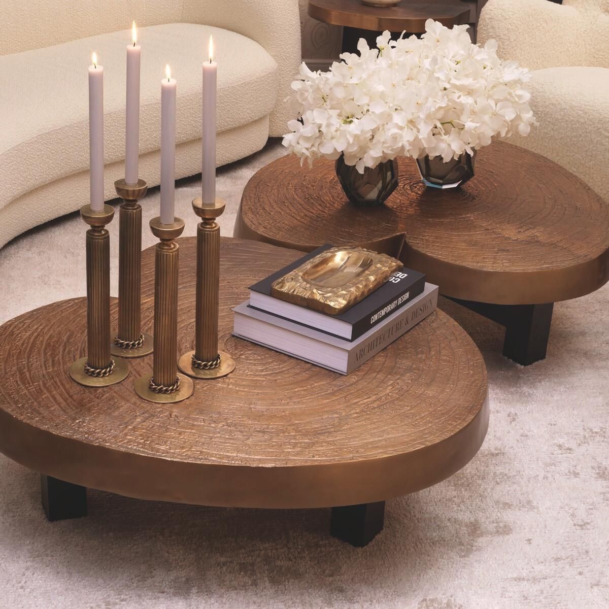 Set Of Two Candle Holders In Vintage Brass Finish With Single Stem Design photo for sale